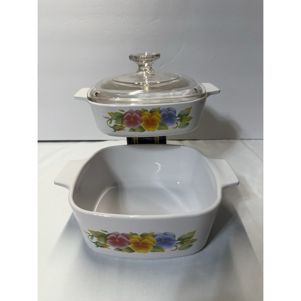 CorningWare Pansy 2-Piece Casserole Set – Vintage Floral – Shared Glass Lid USA